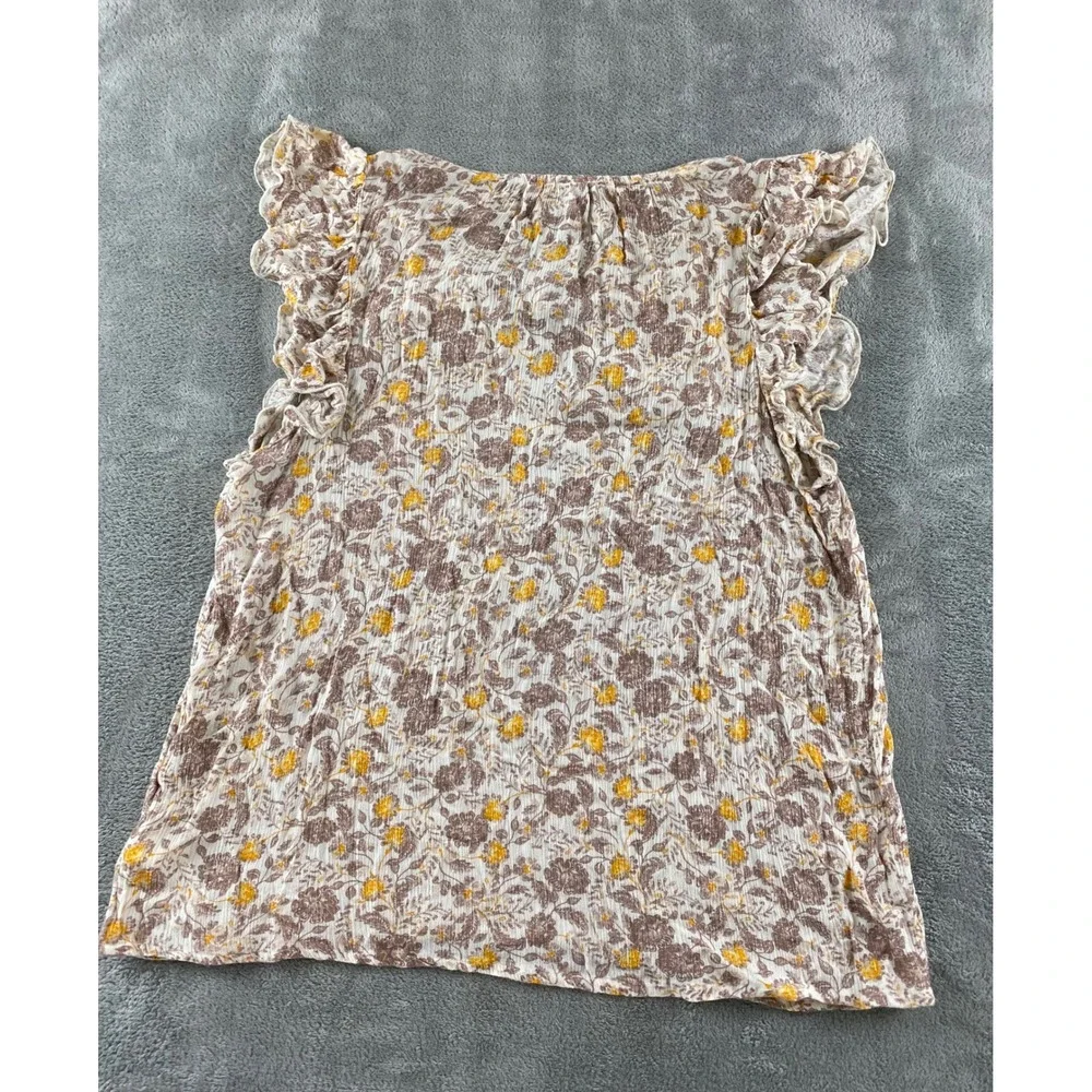 Old Navy Girls Large Floral Gauze Flutter Sleeve Tie Neck Boho Top‎ Cream Brown